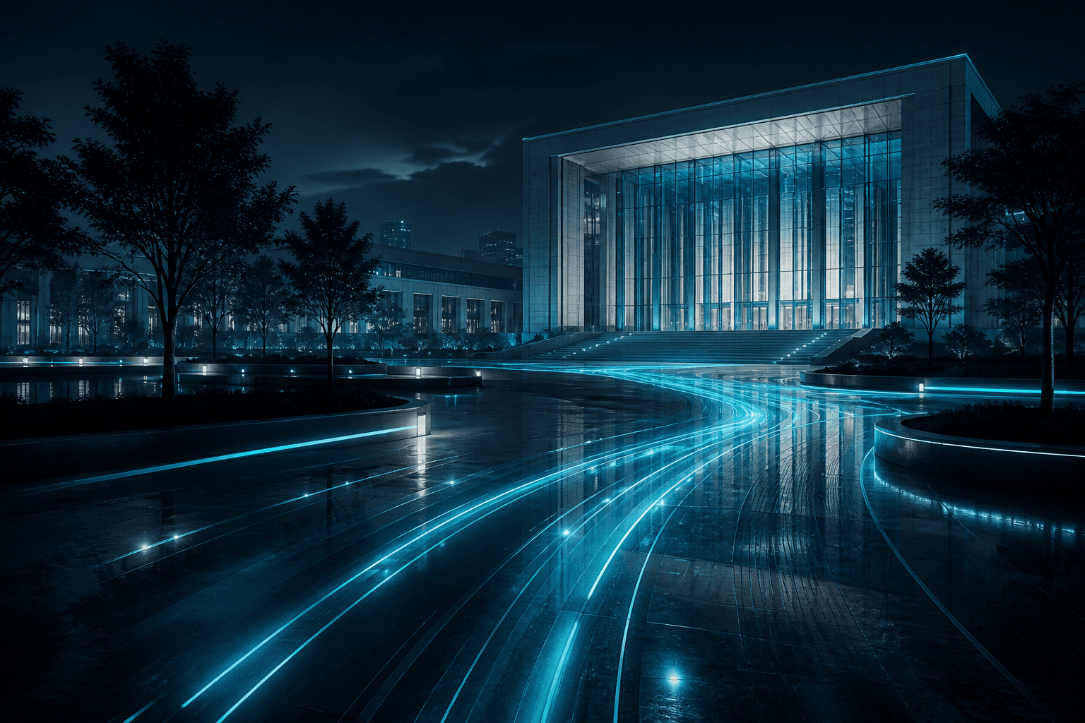 Night civic plaza with luminous pathways suggesting accessible public services