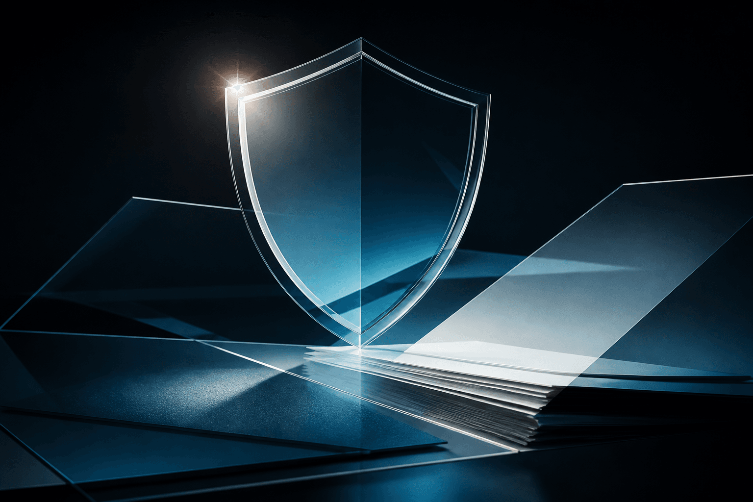 Abstract glass shield over geometric policy documents
