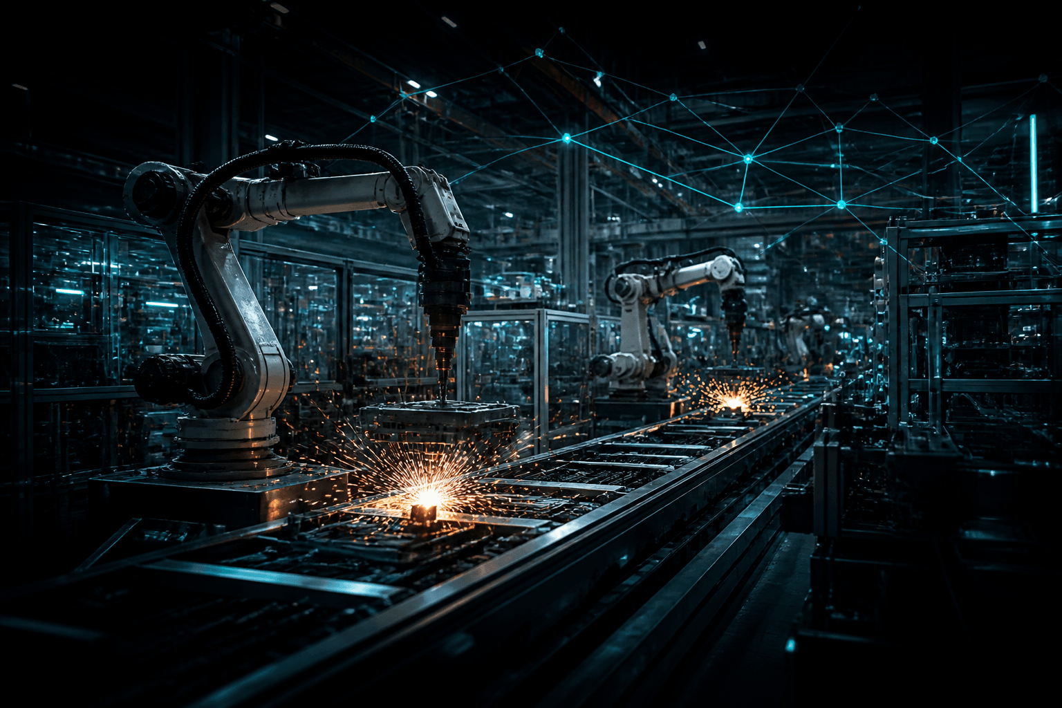 Connected factory floor with sensor lighting suggesting IIoT operations