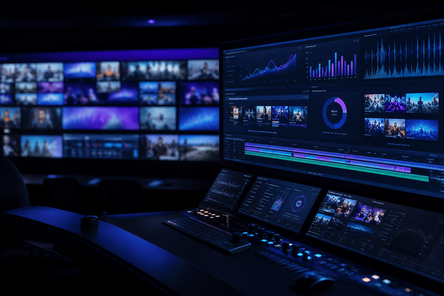 Abstract media operations room with glowing timelines and audience graphs