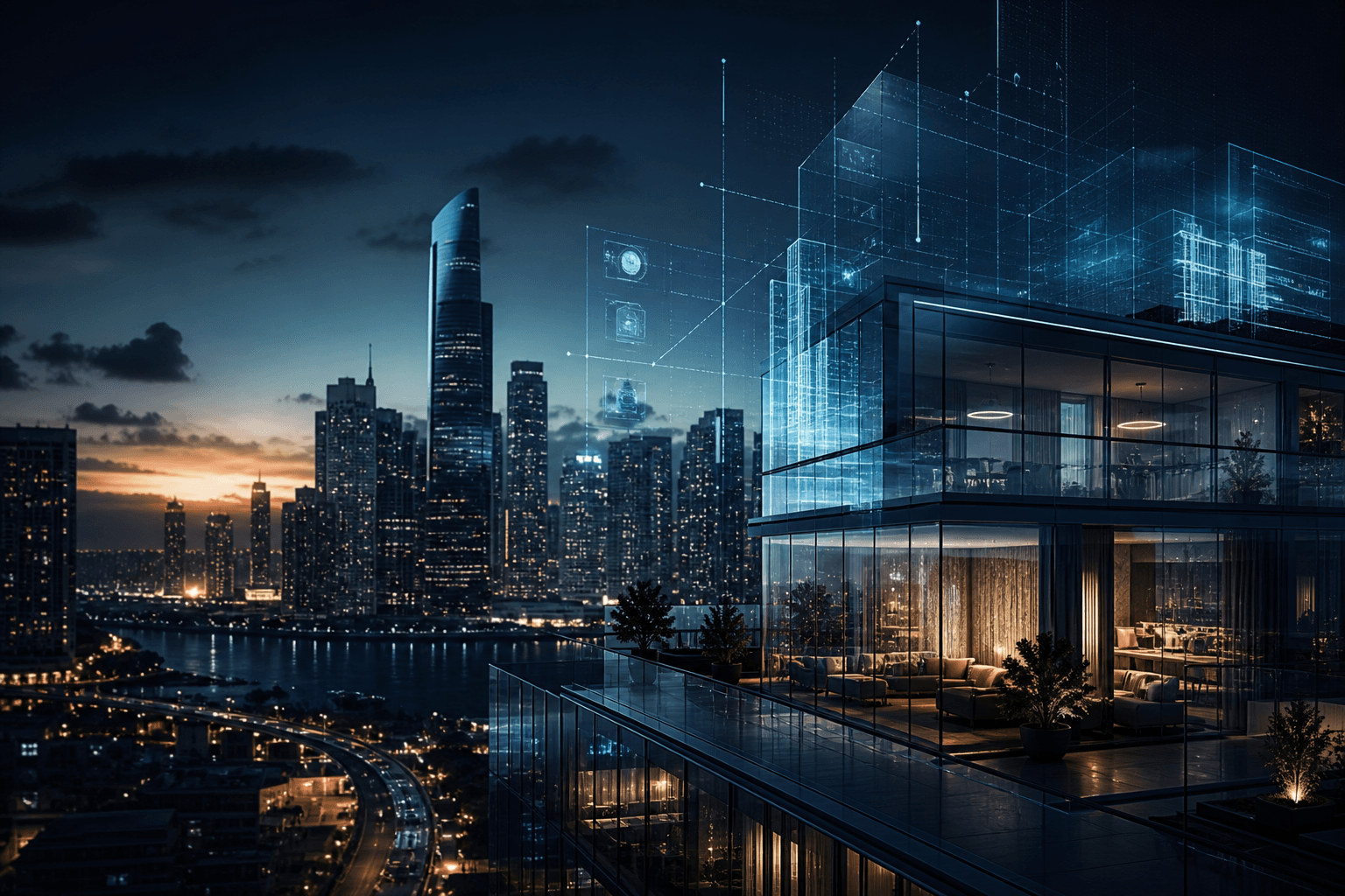 Twilight architectural skyline suggesting modern property platforms