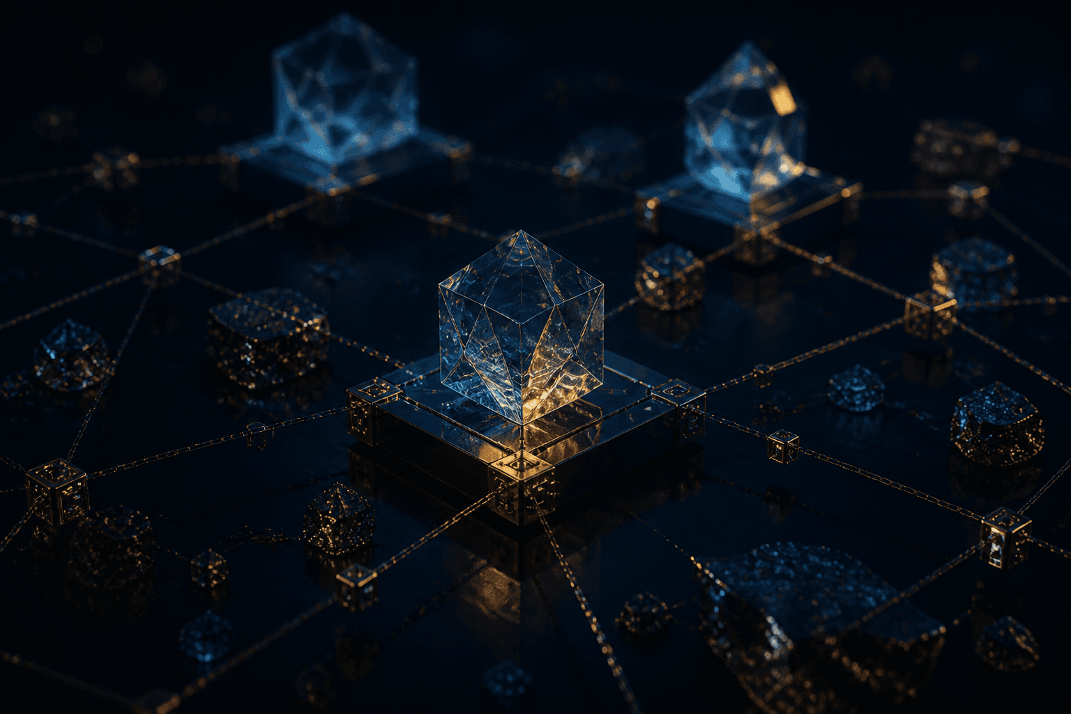 Abstract crystal nodes suggesting secure digital-asset infrastructure